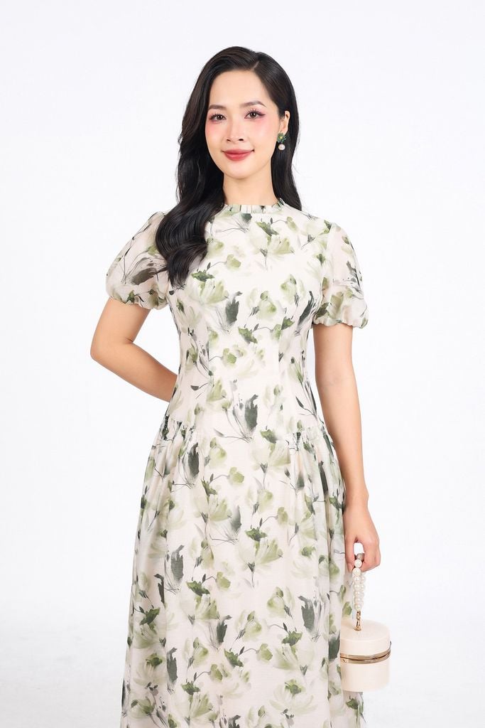 FDC35288 - Đầm công sở vải tơ hoa dáng A cổ tròn tay bồng nhẹ thân váy xếp ly bung tạo xoè khoá thân sau - PANTIO