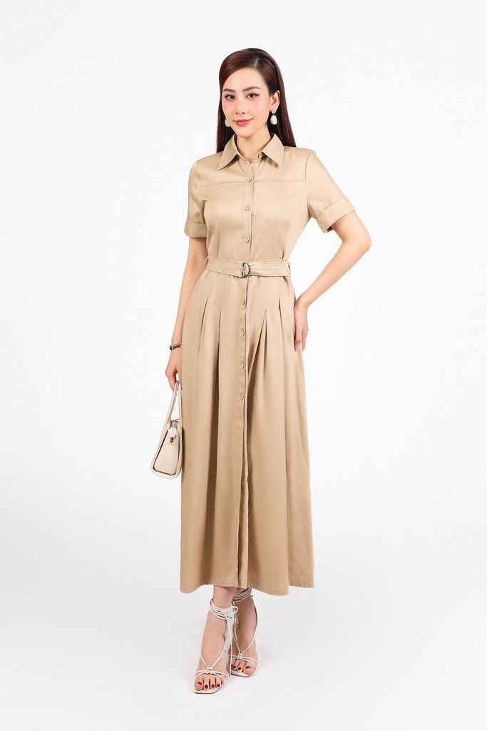 FDC35337 - Đầm công sở vải kaki dáng suông cổ đức thân váy phối ly bung tạo xoè kèm dây đai thắt eo cài khuy thân trước - PANTIO