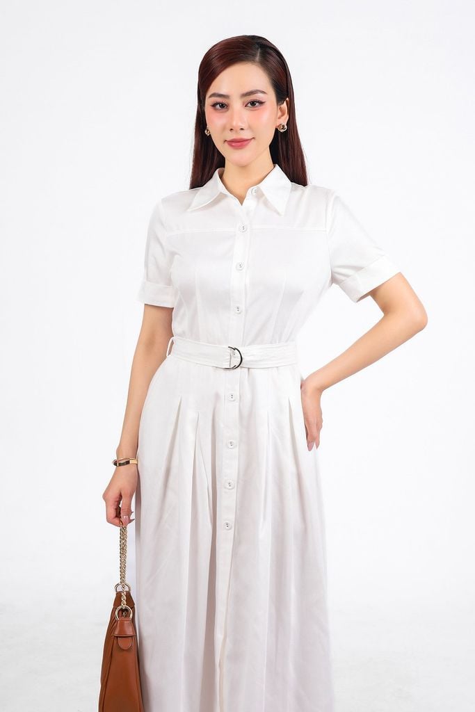 FDC35337 - Đầm công sở vải kaki dáng suông cổ đức thân váy phối ly bung tạo xoè kèm dây đai thắt eo cài khuy thân trước - PANTIO