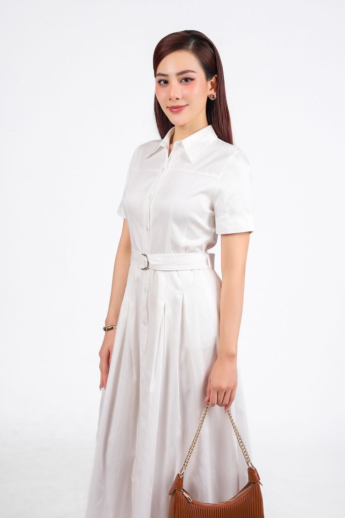 FDC35337 - Đầm công sở vải kaki dáng suông cổ đức thân váy phối ly bung tạo xoè kèm dây đai thắt eo cài khuy thân trước - PANTIO