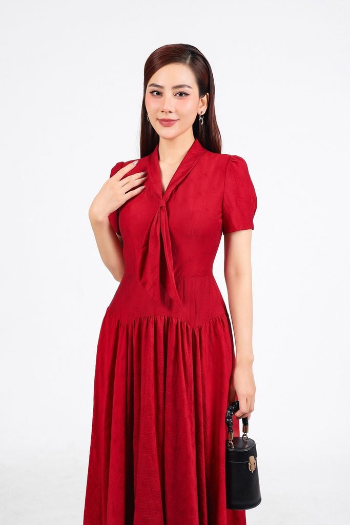 FDC35338 - Đầm công sở vải thô mỏng cổ phối vạt tạo kiểu eo xếp nhún tạo xoè khoá thân sau - PANTIO