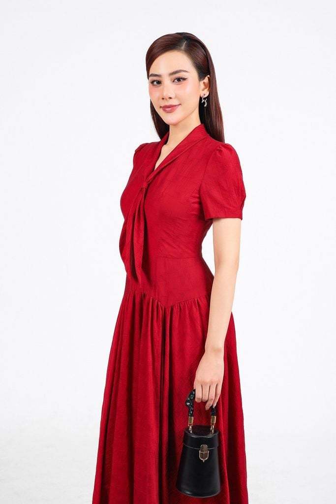FDC35338 - Đầm công sở vải thô mỏng cổ phối vạt tạo kiểu eo xếp nhún tạo xoè khoá thân sau - PANTIO