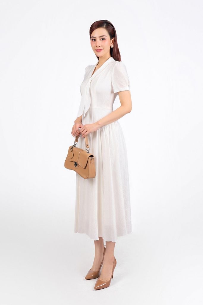 FDC35338 - Đầm công sở vải thô mỏng cổ phối vạt tạo kiểu eo xếp nhún tạo xoè khoá thân sau - PANTIO
