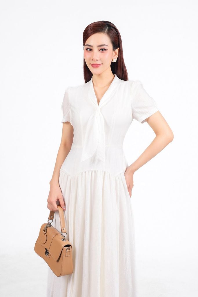 FDC35338 - Đầm công sở vải thô mỏng cổ phối vạt tạo kiểu eo xếp nhún tạo xoè khoá thân sau - PANTIO