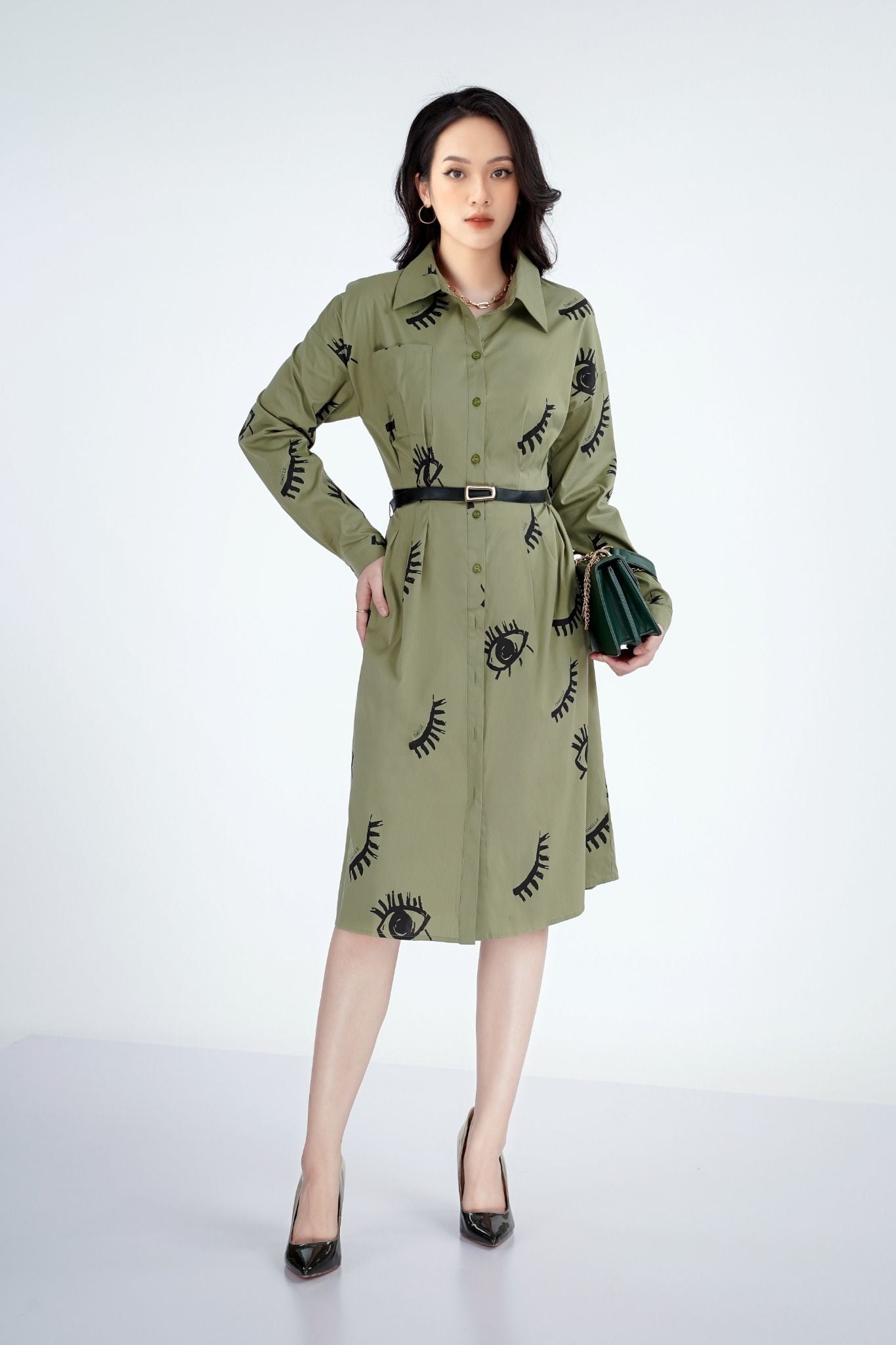 Đầm công sở chất liệu thô kate cổ đức tay dài FDC53169 - PANTIO