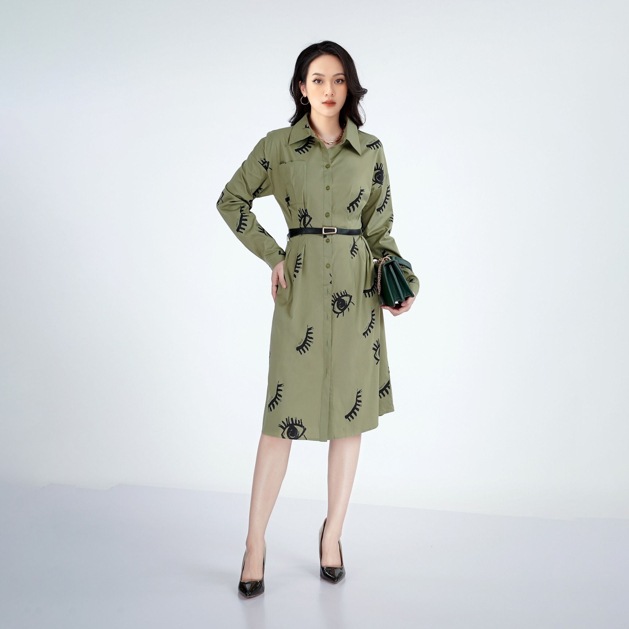 Đầm công sở chất liệu thô kate cổ đức tay dài FDC53169 - PANTIO