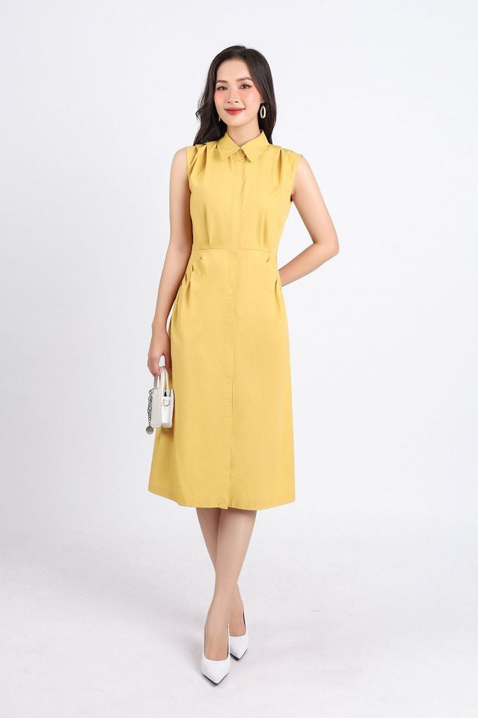 FDC55100 - Đầm công sở vải thô hai lớp lót habutai dáng chữ A cổ đức vai xếp ly tạo kiểu thân cài khuy - PANTIO