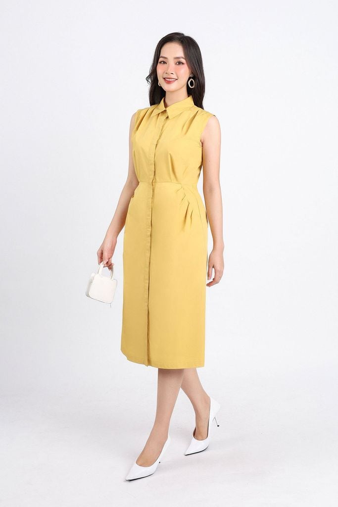 FDC55100 - Đầm công sở vải thô hai lớp lót habutai dáng chữ A cổ đức vai xếp ly tạo kiểu thân cài khuy - PANTIO