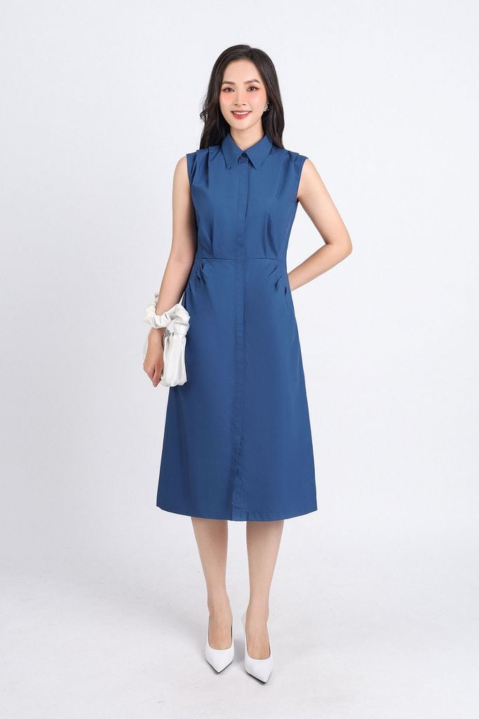 FDC55100 - Đầm công sở vải thô hai lớp lót habutai dáng chữ A cổ đức vai xếp ly tạo kiểu thân cài khuy - PANTIO