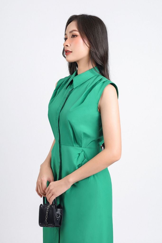 FDC55100 - Đầm công sở vải thô hai lớp lót habutai dáng chữ A cổ đức vai xếp ly tạo kiểu thân cài khuy - PANTIO