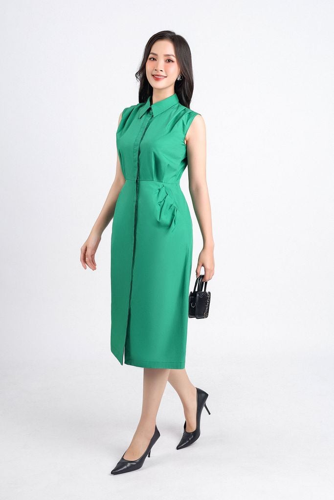 FDC55100 - Đầm công sở vải thô hai lớp lót habutai dáng chữ A cổ đức vai xếp ly tạo kiểu thân cài khuy - PANTIO