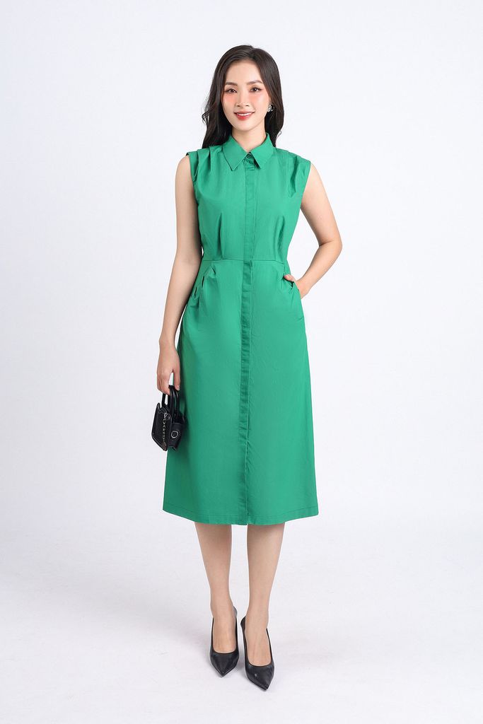 FDC55100 - Đầm công sở vải thô hai lớp lót habutai dáng chữ A cổ đức vai xếp ly tạo kiểu thân cài khuy - PANTIO