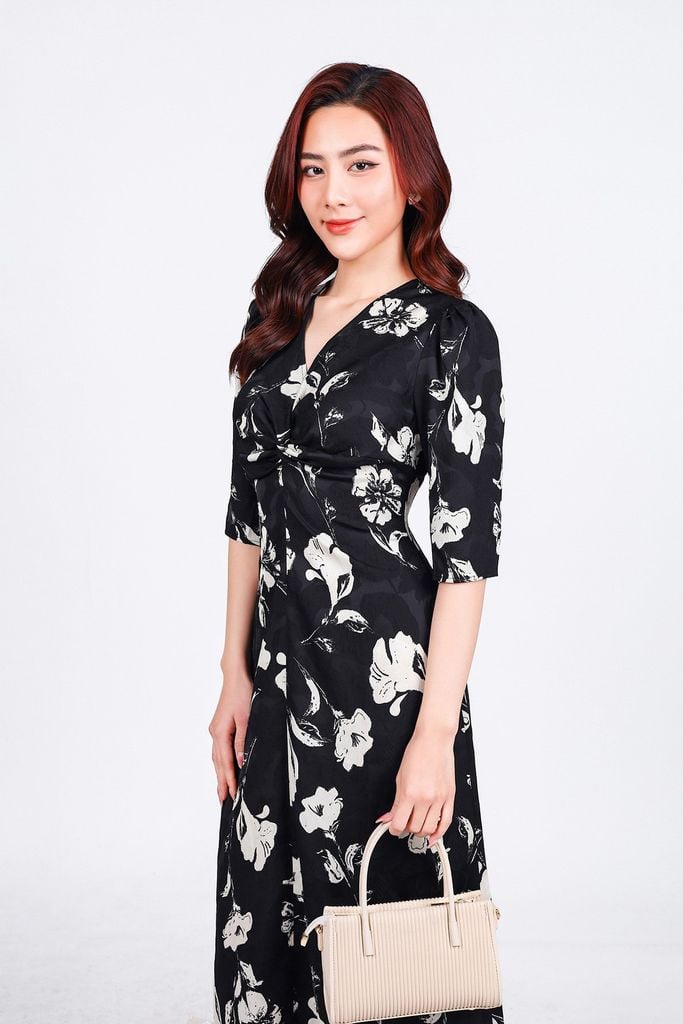 FDC55137 - Đầm công sở vải lụa cát dáng suông cổ xẻ V vai bồng nhẹ ngực vặn xoắn tạo kiểu khoá thân sau - PANTIO