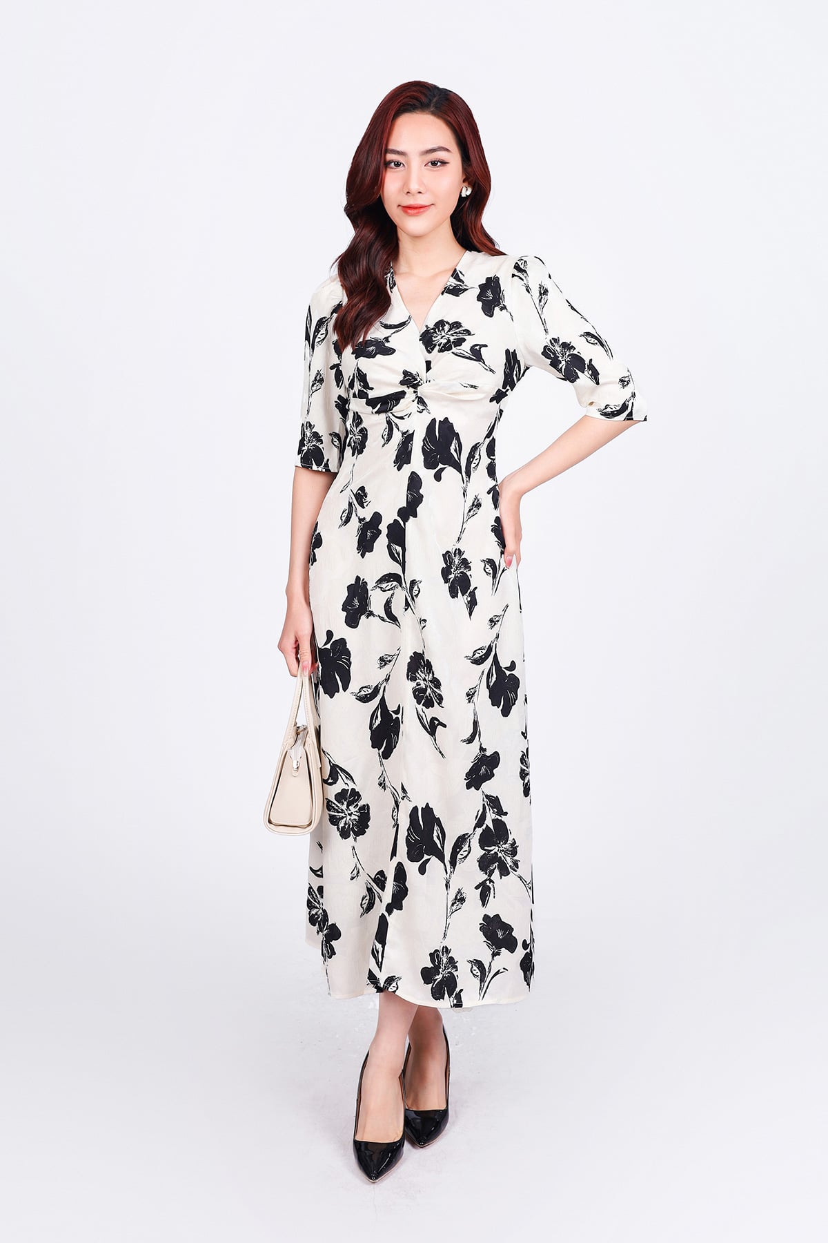 FDC55137 - Đầm công sở vải lụa cát dáng suông cổ xẻ V vai bồng nhẹ ngực vặn xoắn tạo kiểu khoá thân sau - PANTIO