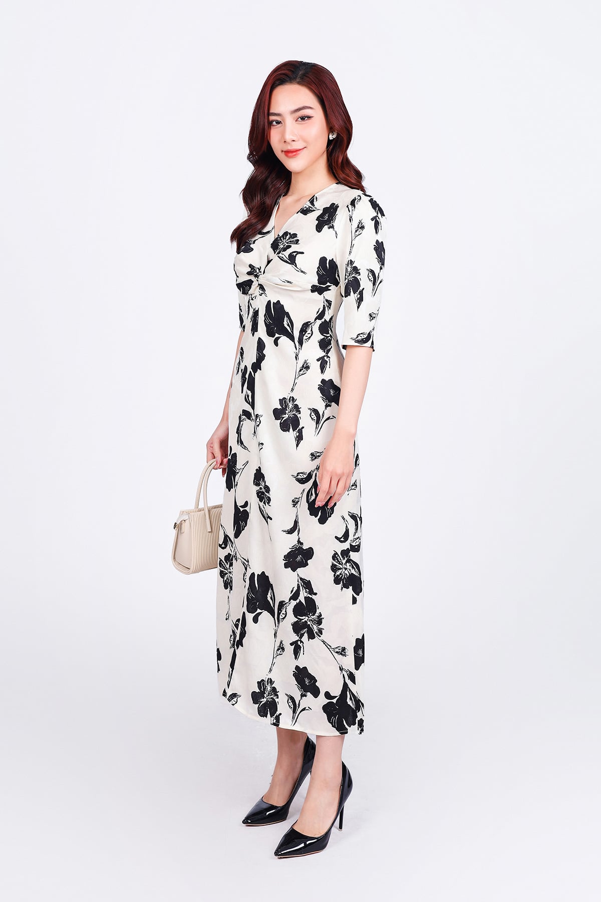 FDC55137 - Đầm công sở vải lụa cát dáng suông cổ xẻ V vai bồng nhẹ ngực vặn xoắn tạo kiểu khoá thân sau - PANTIO