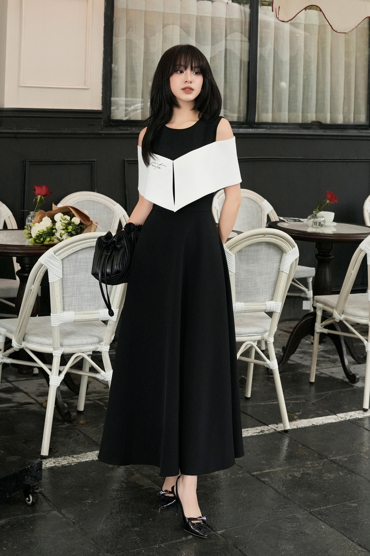 FDC55159 - Đầm công sở vải thô dáng A cổ tròn vai phối vạt choàng vai tạo kiểu khóa thân sau - PANTIO