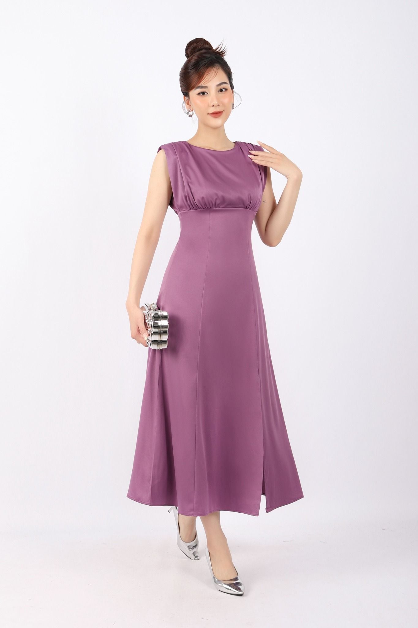 FDC73492 - Đầm công sở vải lụa dáng A xẻ trước vai phối đệm xếp nhún cắt eo cao - PANTIO