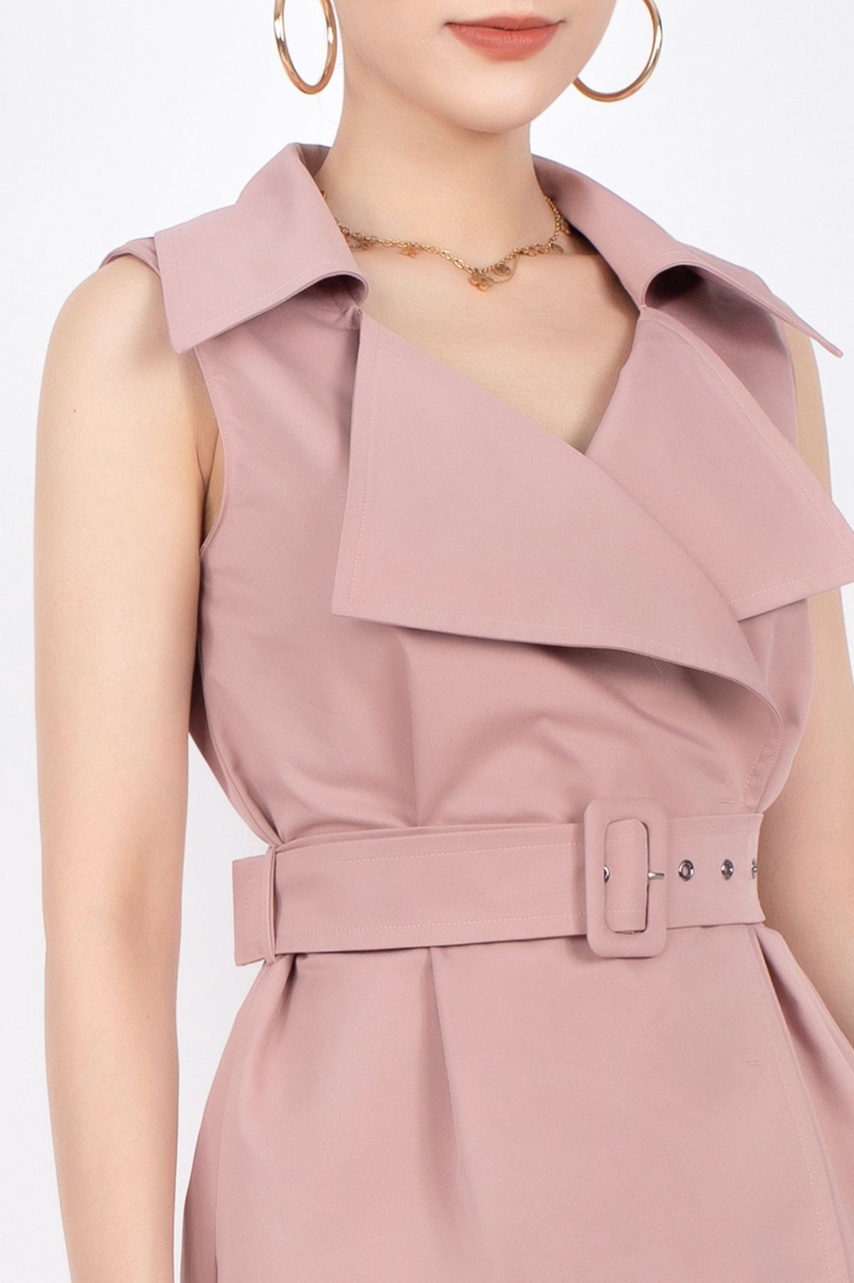 FDC73511 - Đầm công sở vải kaki dáng suông cổ hai ve bản to kèm đai cùng vải tạo kiểu - PANTIO