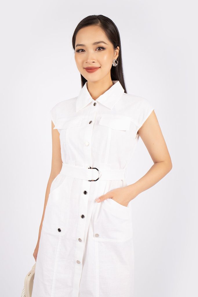 FDC73525 - Đầm công sở vải linen dáng suông cổ đức tay chờm nắp túi diễu chỉ kèm đai thắt eo - PANTIO