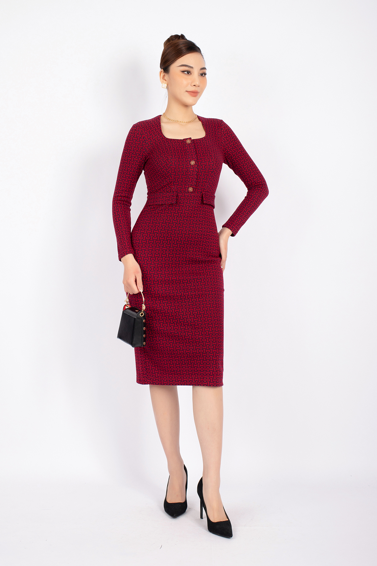 FDC73543 - Đầm công sở vải len dáng ôm cổ vuông thân phối nẹp đình khuy và nắp túi trang trí khóa thân sau - PANTIO