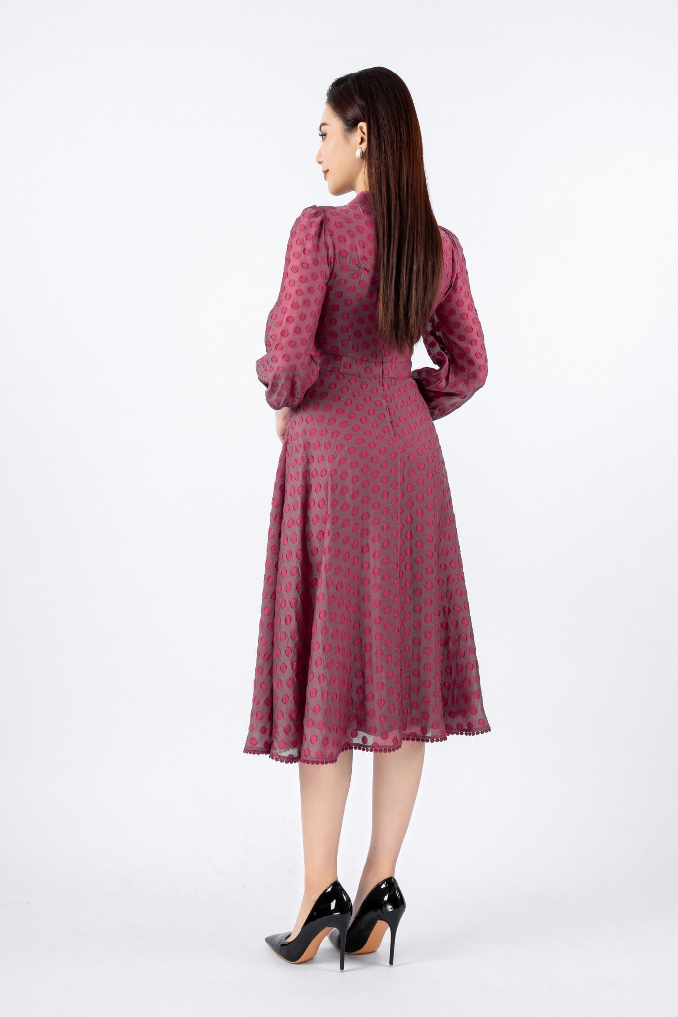 FDC73952 - Đầm công sở vải tơ dáng Xoè có lót vải habutai cổ kiểu phối nơ tay bồng nhẹ khóa thân sau - PANTIO