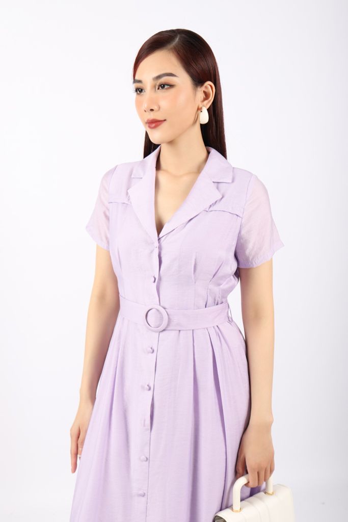 FDC73978 - Đầm dạo phố vải thô dáng Xoè cổ hai ve cài cúc xếp ly hai bên hông tạo kiểu kèm đai trang trí - PANTIO