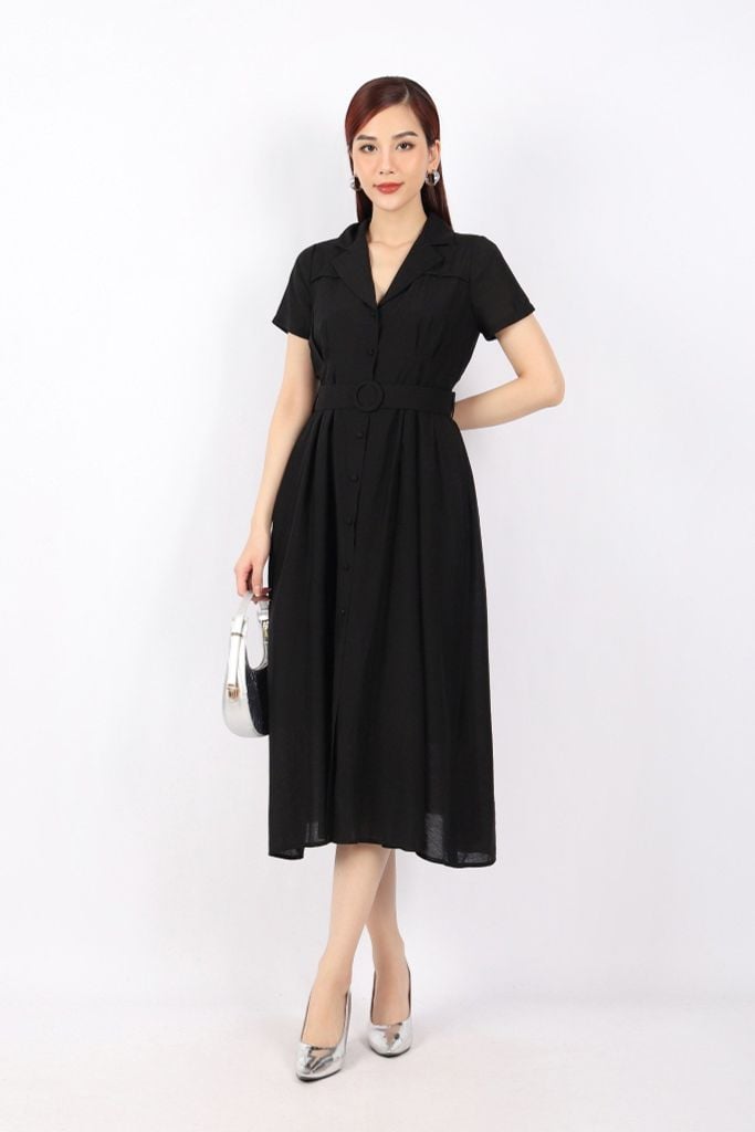 FDC73978 - Đầm dạo phố vải thô dáng Xoè cổ hai ve cài cúc xếp ly hai bên hông tạo kiểu kèm đai trang trí - PANTIO