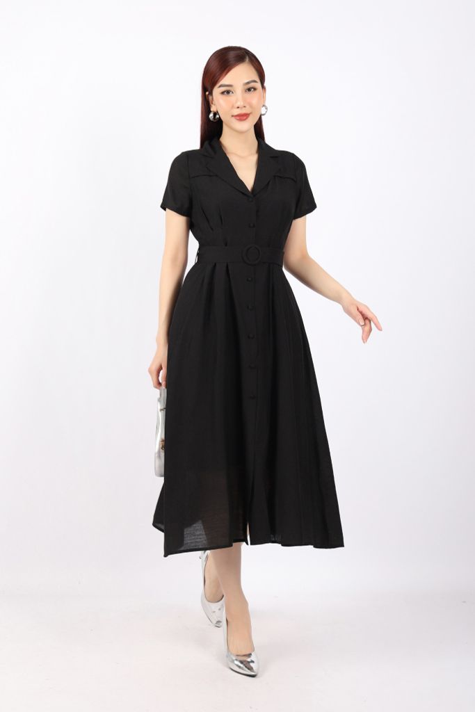 FDC73978 - Đầm dạo phố vải thô dáng Xoè cổ hai ve cài cúc xếp ly hai bên hông tạo kiểu kèm đai trang trí - PANTIO