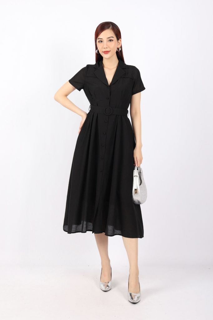 FDC73978 - Đầm dạo phố vải thô dáng Xoè cổ hai ve cài cúc xếp ly hai bên hông tạo kiểu kèm đai trang trí - PANTIO