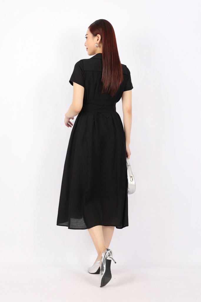 FDC73978 - Đầm dạo phố vải thô dáng Xoè cổ hai ve cài cúc xếp ly hai bên hông tạo kiểu kèm đai trang trí - PANTIO