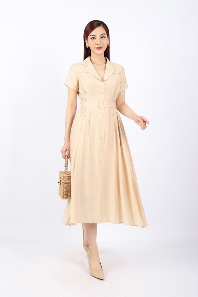 FDC73978 - Đầm dạo phố vải thô dáng Xoè cổ hai ve cài cúc xếp ly hai bên hông tạo kiểu kèm đai trang trí - PANTIO