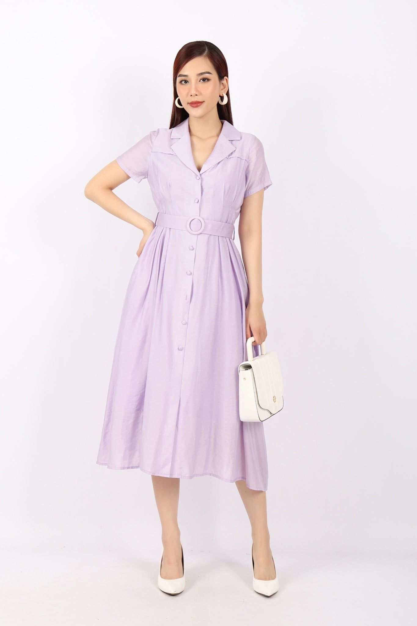 FDC73978 - Đầm dạo phố vải thô dáng Xoè cổ hai ve cài cúc xếp ly hai bên hông tạo kiểu kèm đai trang trí - PANTIO