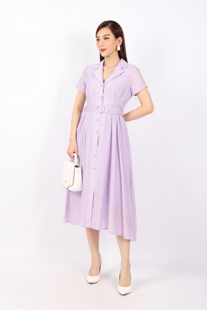 FDC73978 - Đầm dạo phố vải thô dáng Xoè cổ hai ve cài cúc xếp ly hai bên hông tạo kiểu kèm đai trang trí - PANTIO