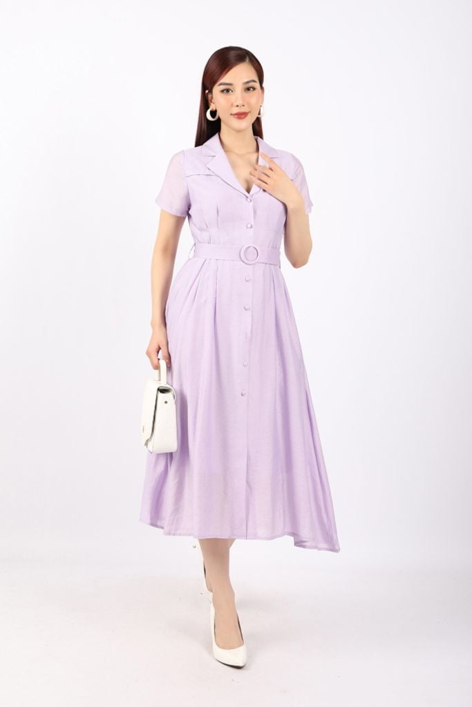 FDC73978 - Đầm dạo phố vải thô dáng Xoè cổ hai ve cài cúc xếp ly hai bên hông tạo kiểu kèm đai trang trí - PANTIO