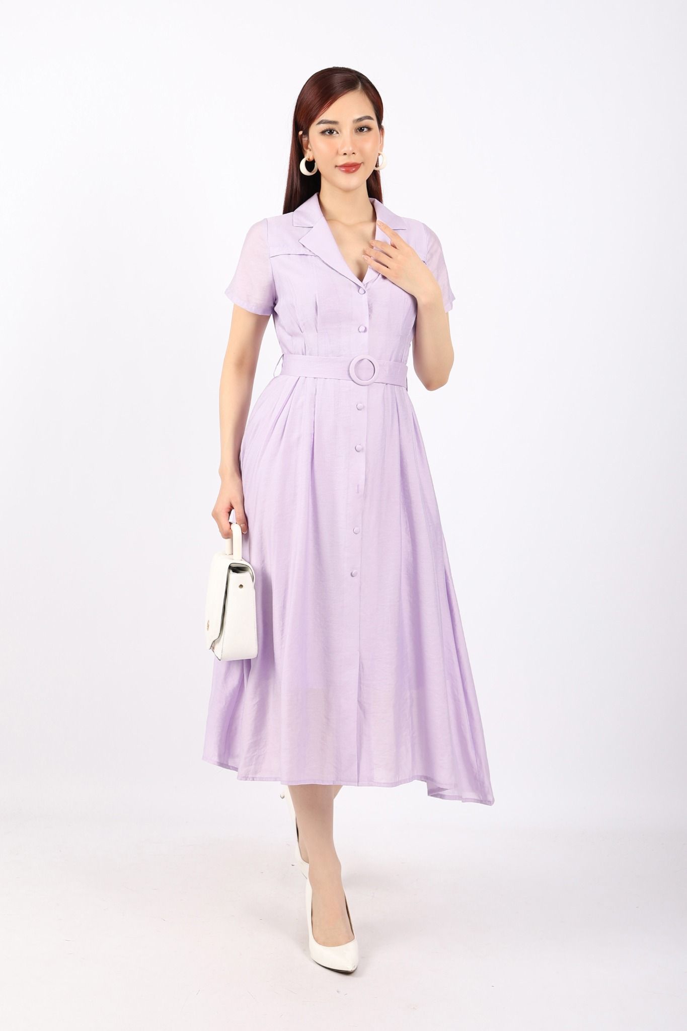 FDC73978 - Đầm dạo phố vải thô dáng Xoè cổ hai ve cài cúc xếp ly hai bên hông tạo kiểu kèm đai trang trí - PANTIO