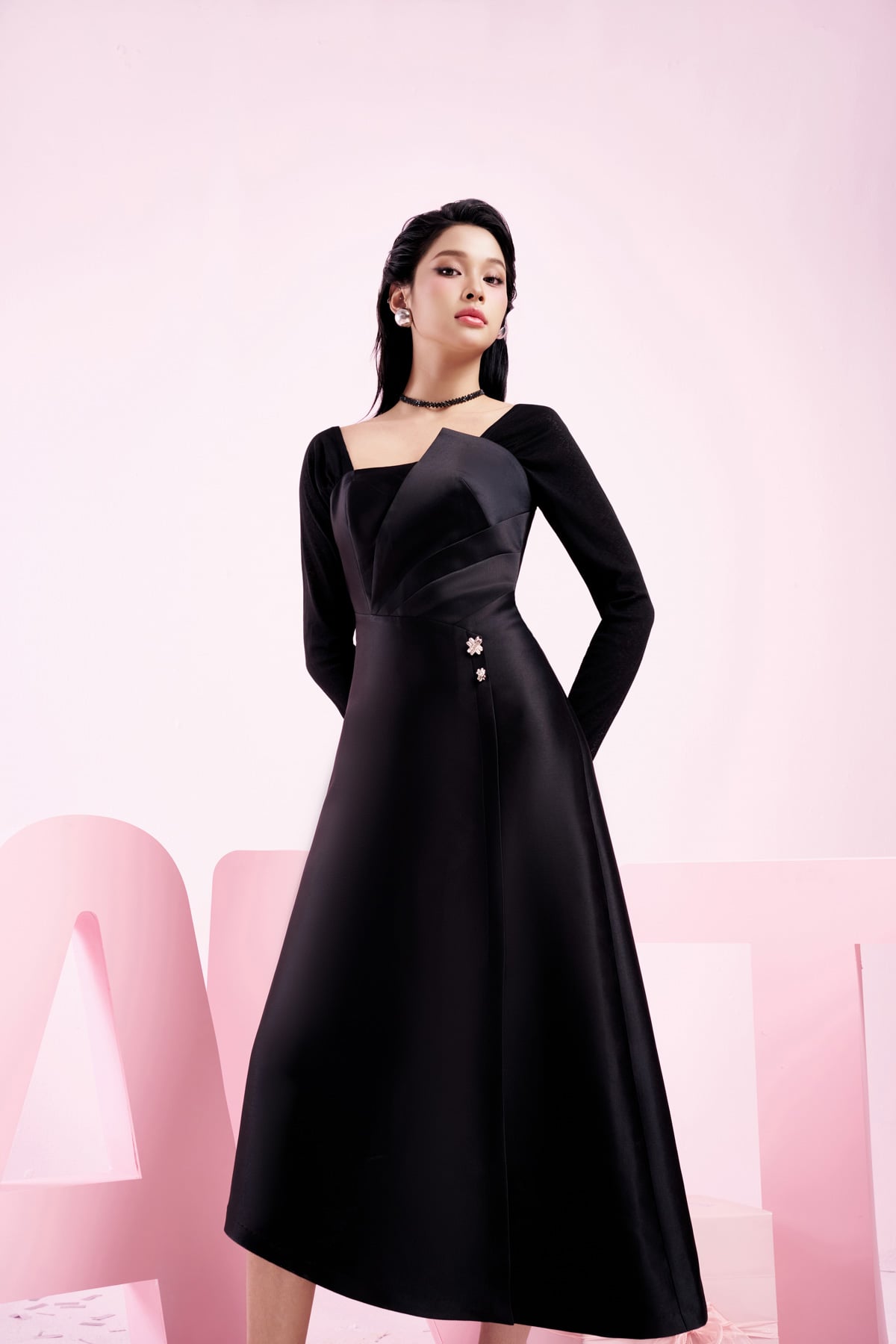 FDC75049 - Đầm công sở vải tafta cao cấp dáng suông cổ vuông tay phối vải lưới co giãn gấu váy vạt lệch thời trang - PANTIO