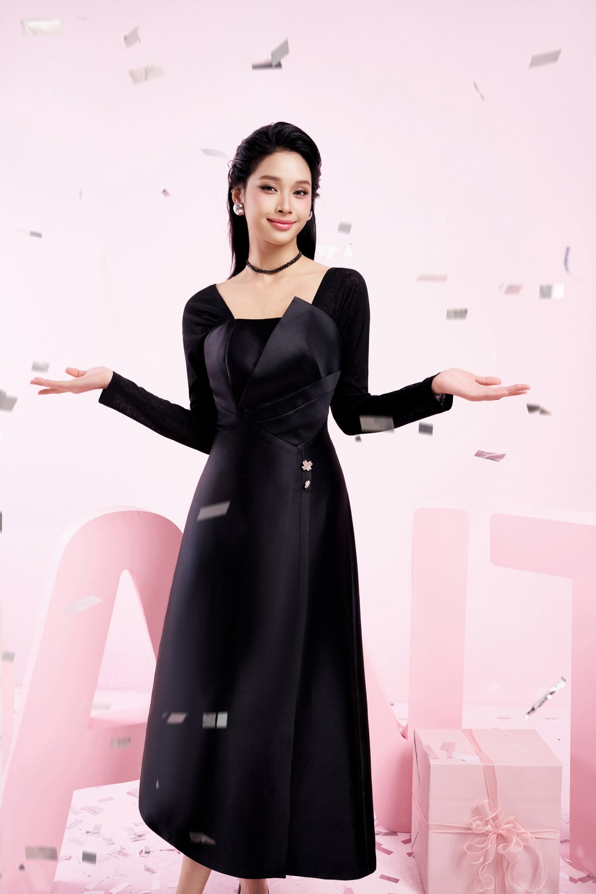 FDC75049 - Đầm công sở vải tafta cao cấp dáng suông cổ vuông tay phối vải lưới co giãn gấu váy vạt lệch thời trang - PANTIO