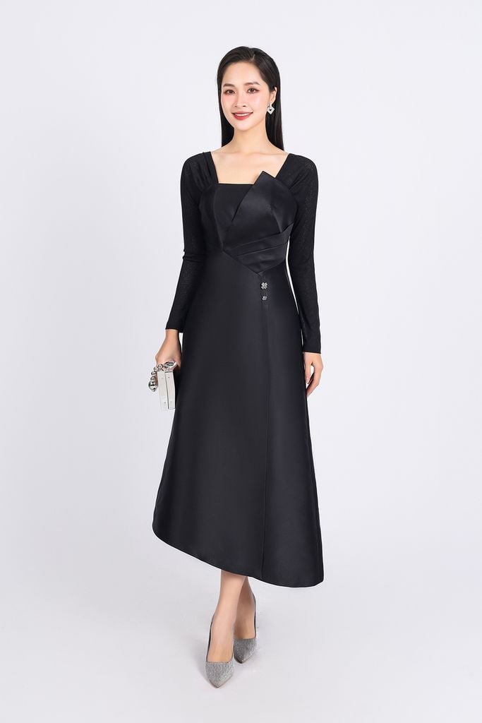 FDC75049 - Đầm công sở vải tafta cao cấp dáng suông cổ vuông tay phối vải lưới co giãn gấu váy vạt lệch thời trang - PANTIO