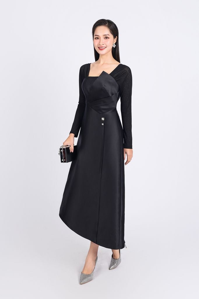 FDC75049 - Đầm công sở vải tafta cao cấp dáng suông cổ vuông tay phối vải lưới co giãn gấu váy vạt lệch thời trang - PANTIO