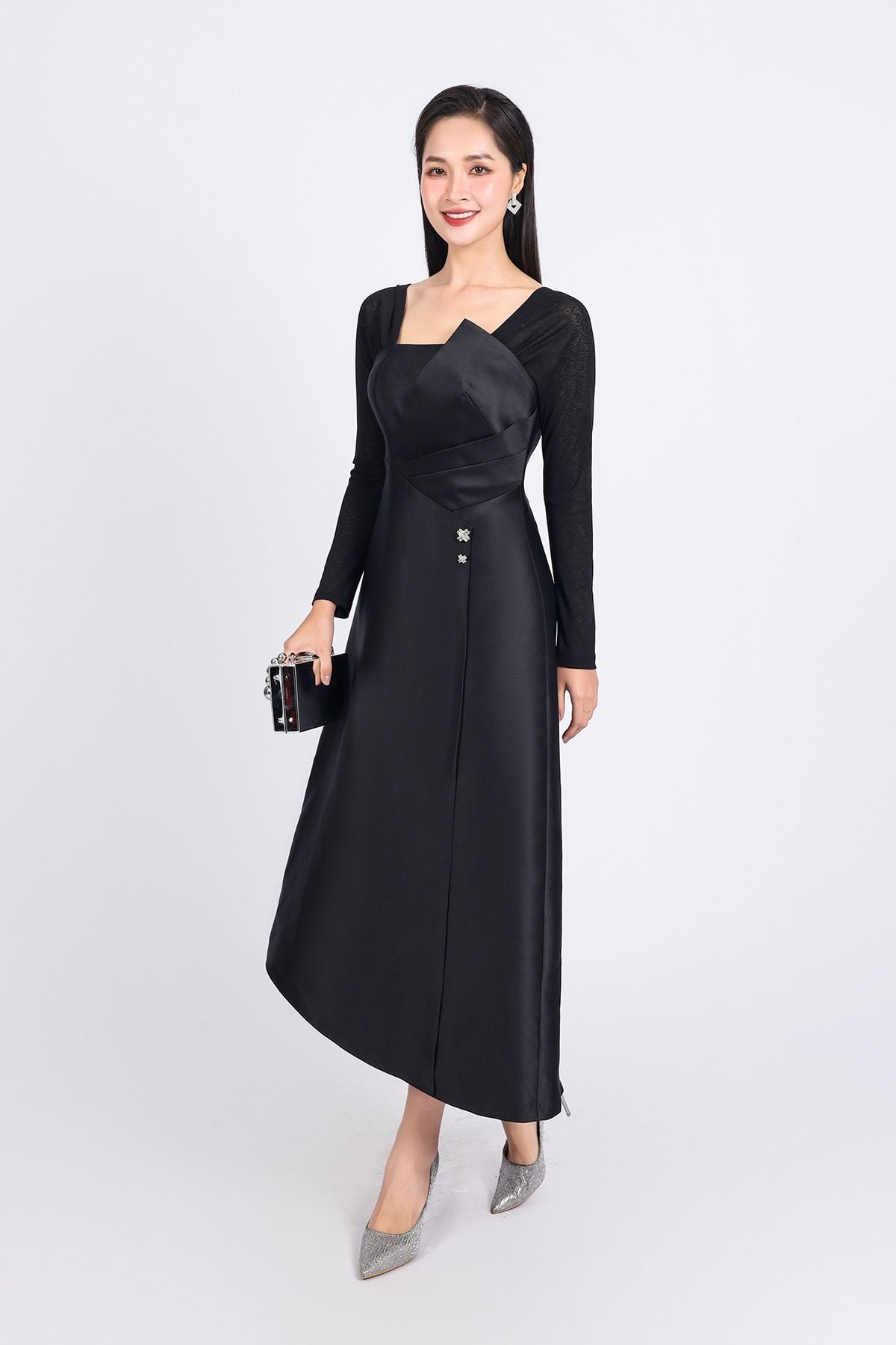 FDC75049 - Đầm công sở vải tafta cao cấp dáng suông cổ vuông tay phối vải lưới co giãn gấu váy vạt lệch thời trang - PANTIO