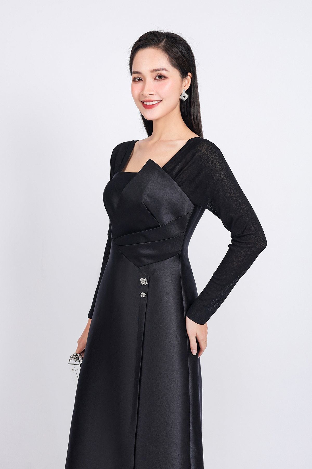 FDC75049 - Đầm công sở vải tafta cao cấp dáng suông cổ vuông tay phối vải lưới co giãn gấu váy vạt lệch thời trang - PANTIO