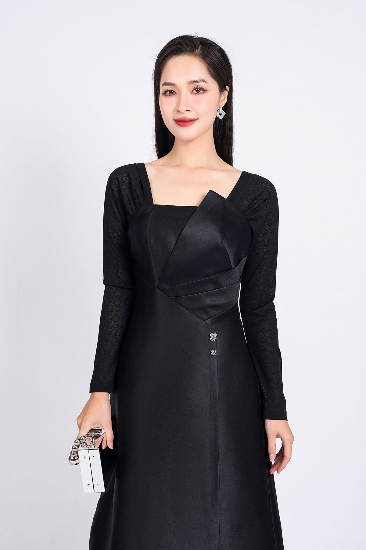 FDC75049 - Đầm công sở vải tafta cao cấp dáng suông cổ vuông tay phối vải lưới co giãn gấu váy vạt lệch thời trang - PANTIO