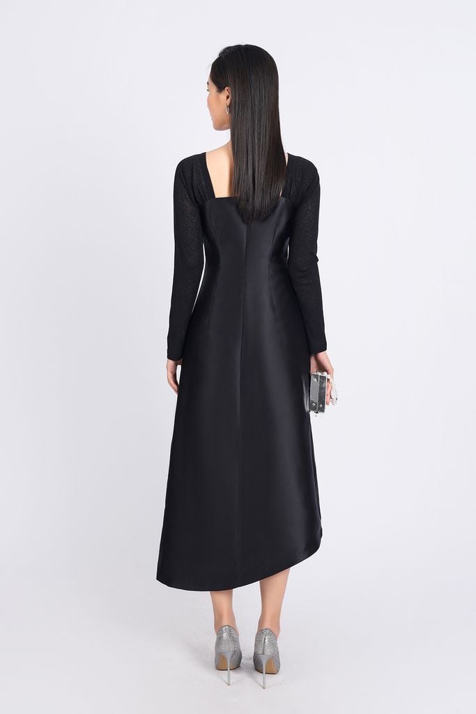 FDC75049 - Đầm công sở vải tafta cao cấp dáng suông cổ vuông tay phối vải lưới co giãn gấu váy vạt lệch thời trang - PANTIO