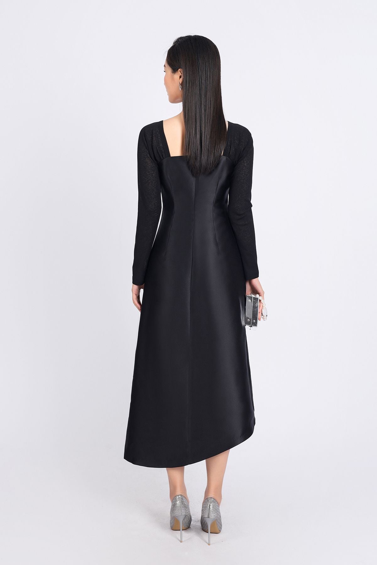 FDC75049 - Đầm công sở vải tafta cao cấp dáng suông cổ vuông tay phối vải lưới co giãn gấu váy vạt lệch thời trang - PANTIO