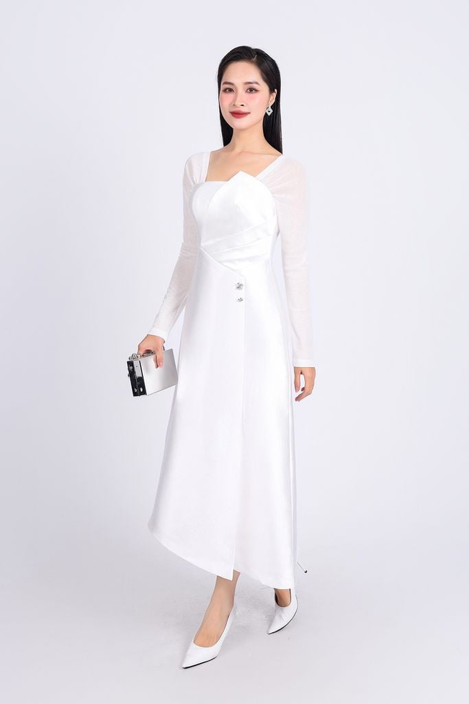 FDC75049 - Đầm công sở vải tafta cao cấp dáng suông cổ vuông tay phối vải lưới co giãn gấu váy vạt lệch thời trang - PANTIO