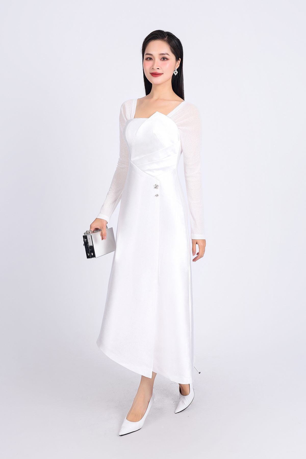 FDC75049 - Đầm công sở vải tafta cao cấp dáng suông cổ vuông tay phối vải lưới co giãn gấu váy vạt lệch thời trang - PANTIO