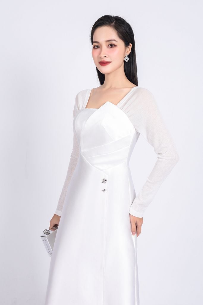 FDC75049 - Đầm công sở vải tafta cao cấp dáng suông cổ vuông tay phối vải lưới co giãn gấu váy vạt lệch thời trang - PANTIO