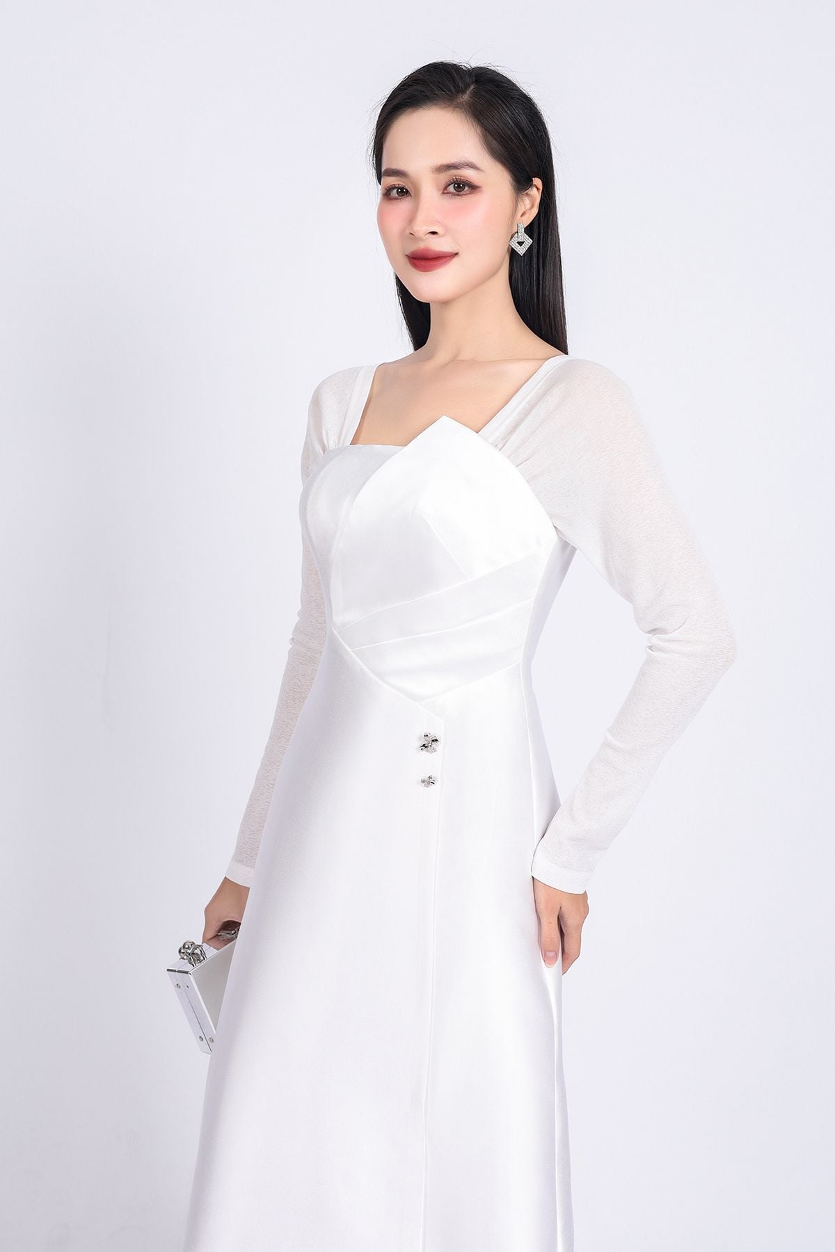 FDC75049 - Đầm công sở vải tafta cao cấp dáng suông cổ vuông tay phối vải lưới co giãn gấu váy vạt lệch thời trang - PANTIO