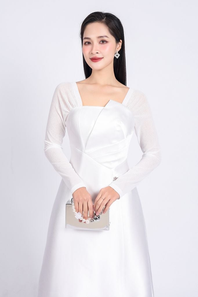 FDC75049 - Đầm công sở vải tafta cao cấp dáng suông cổ vuông tay phối vải lưới co giãn gấu váy vạt lệch thời trang - PANTIO