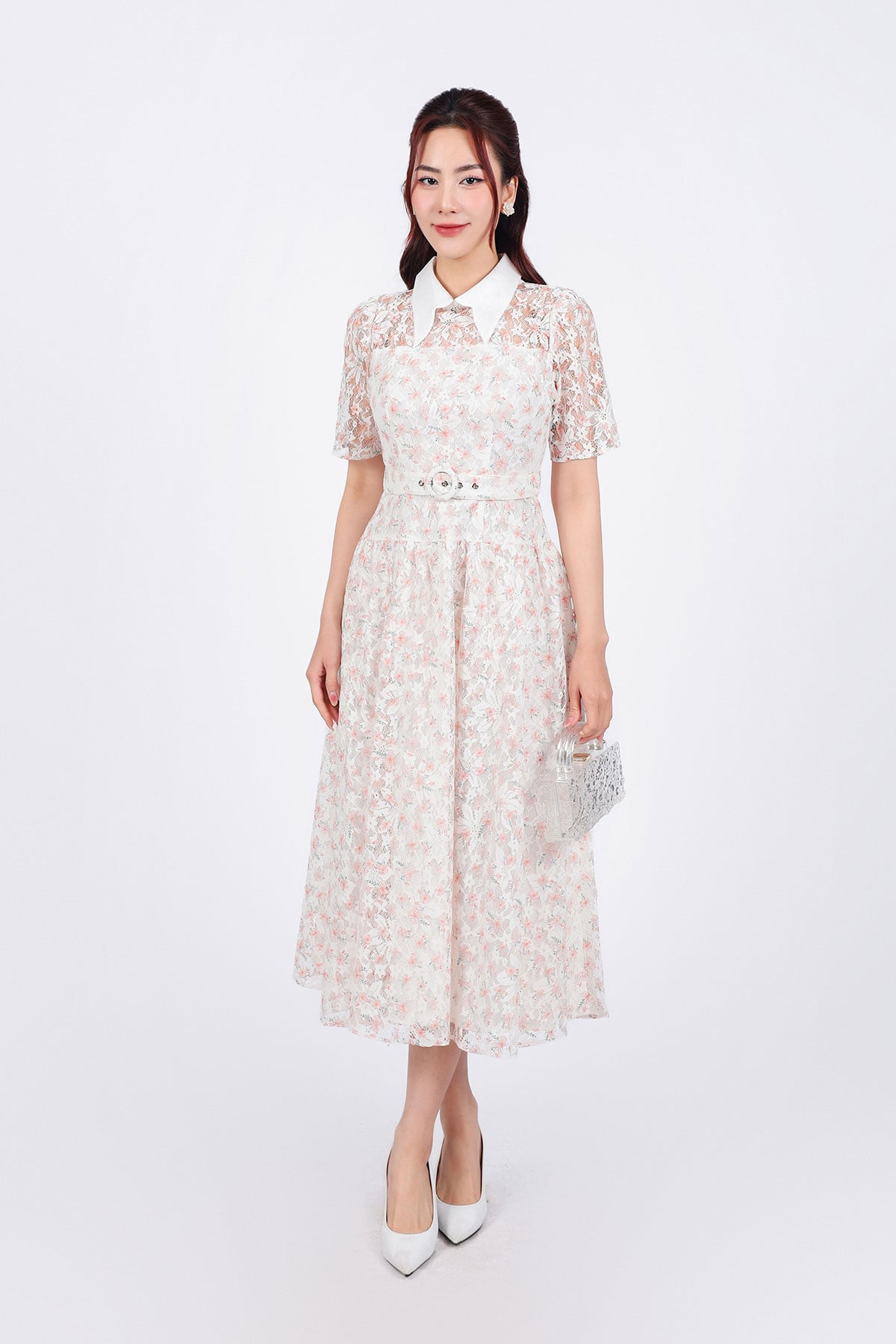 FDC75058 - Đầm công sở vải ren hoa hai lớp lót tơ dáng suông cổ đức eo phối đai tạo kiểu - PANTIO